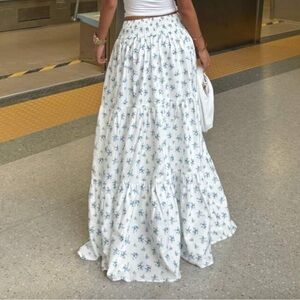 Floral Maxi Skirt in White and Blue